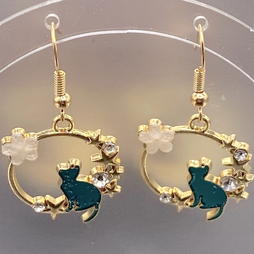Gold tone earrings green cat flowers and crystal